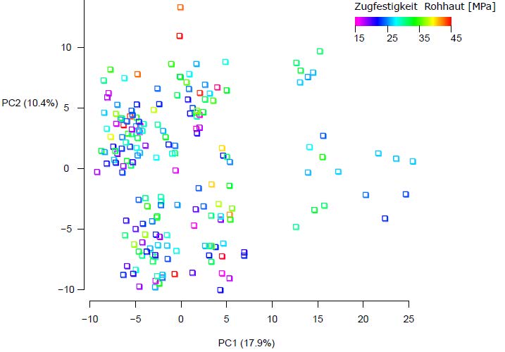 PCA, 18 Mikrosatelliten, Zugfestig-keit der Rohhaut (z-skaliert)